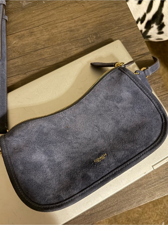 Coach Handbags - Coach Navy Suede Wristlet with Gold Hardware